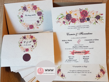 Invitatie de nunta florala, bulina grena