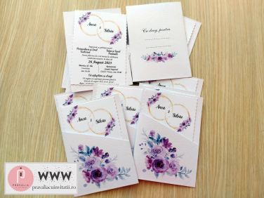 Invitatie de nunta flori watercolor mov